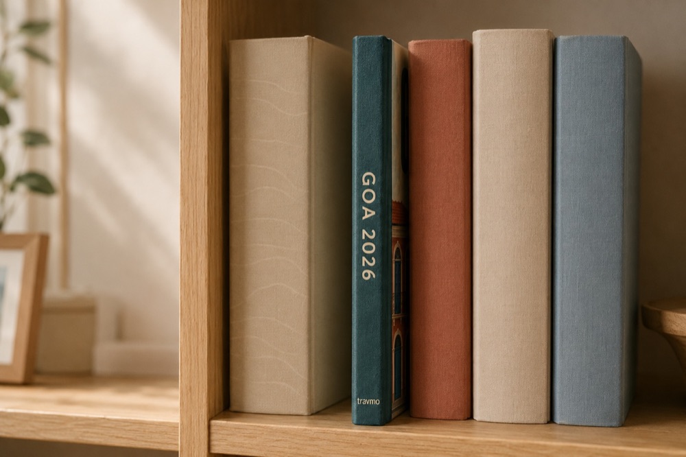 Travmo travel albums displayed on a shelf
